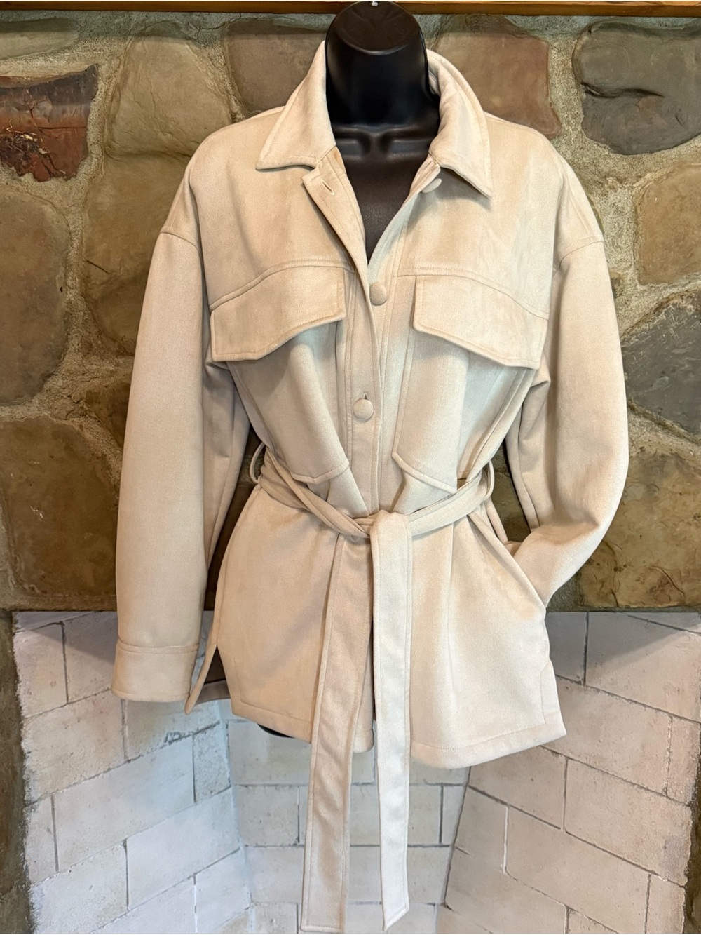 Forever 21 Cream Faux Suede Belted Utility Jacket with Flap Pockets